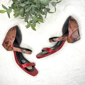 Rachel Comey Lico Sandal Snake Skin Pink Red 7.5 Block Heel Strappy Square Toe